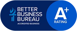 Better Business Bureau accredited business seal with an A plus rating.