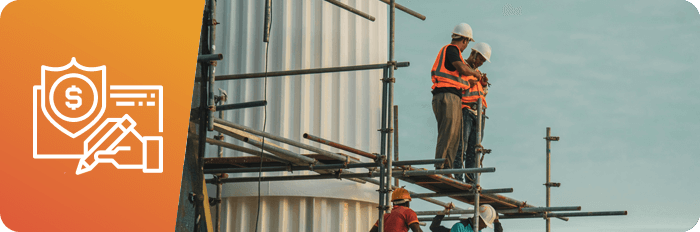 Construction worker on a job site with a shield icon representing contractors liability insurance coverage